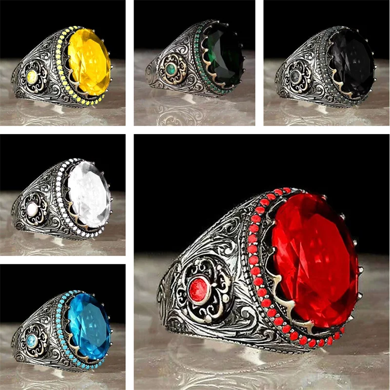 

Retro Men's Ring Red Blue Yellow Black and White Gemstone Ring Inlaid Turquoise Gothic Fashion Personality Wedding Jewelry