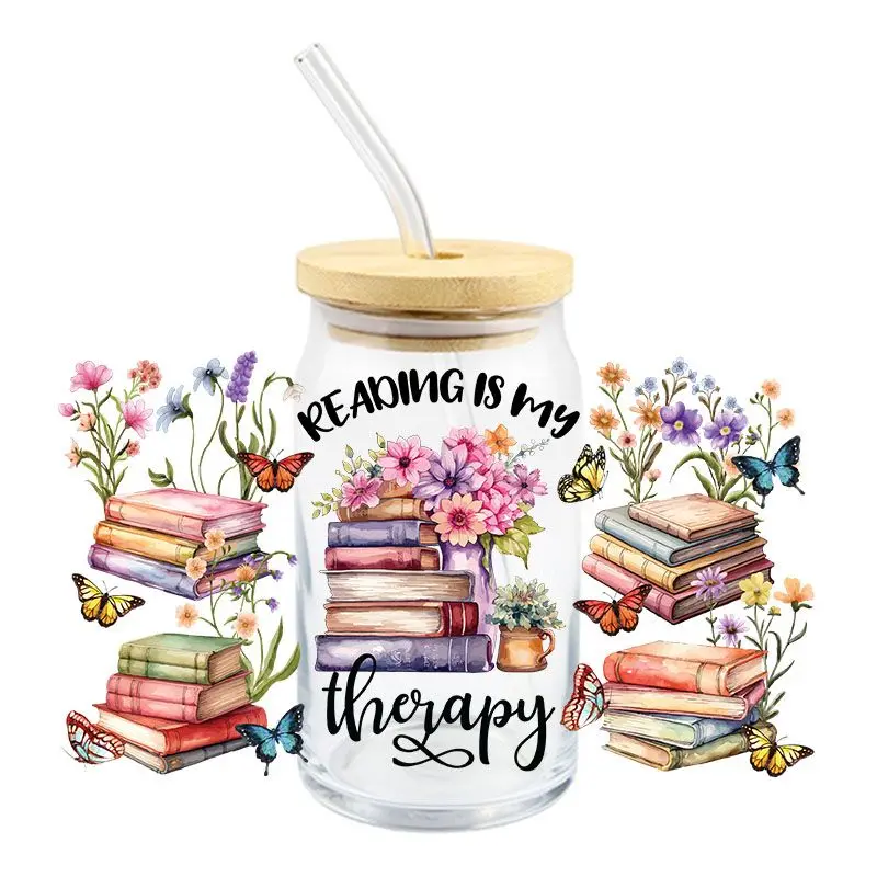 Фото Переводные наклейки с рисунками книг, цветов, УФ, DTF, милый мультяшный дизайн, водонепроницаемая пленка для очков, чашек, бутылок, наклеек №3