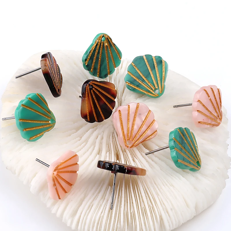 10pcs 16x16mm Resin Seashell Shape Earring Studs with Needle Pins Beauty Earrings DIY Jewelry Making