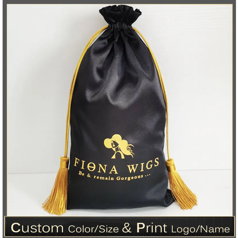 

Luxury Satin Hair Bag Custom Logo Drawstring Pouch Tassel Hair Makeup Jewelry Wig Extension Bags for Bundles 15x20/18x30/30x40cm