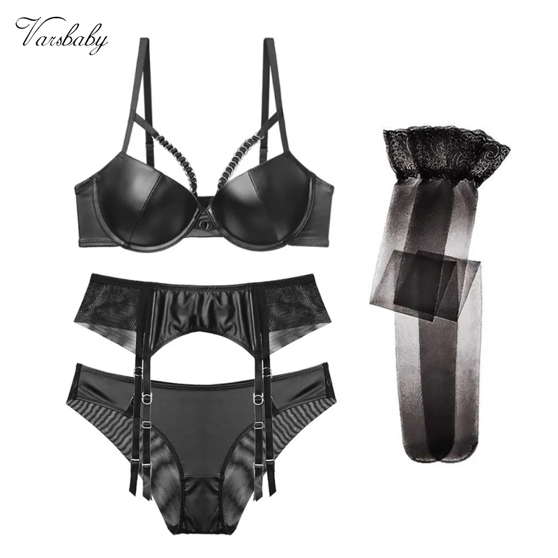 

Varsbaby Sexy Locomotive Leather Underwear Set New Year Red Women Lingerie Set Bra + Garter + Panty + Stockings 4 Pcs/Set
