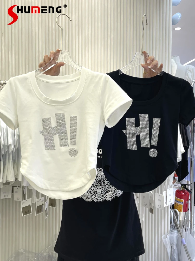 

2022 New Summer Korean Hot Drilling Letter Graphic T-shirt Top Women's Irregular Slim-Fit Temperament Solid Short Sleeve Tshirt