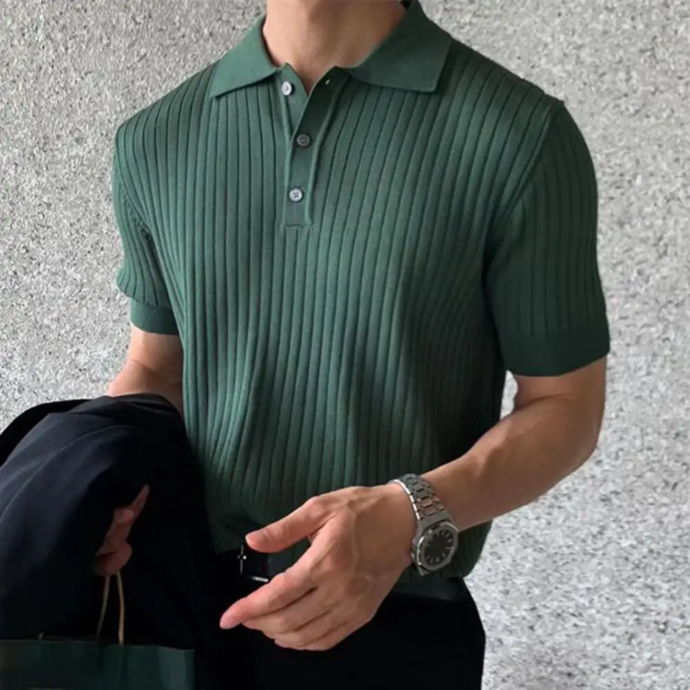 

Pullover Shirt Buttons Half Placket Stretchy Summer Solid Color Knitting Pullover Shirt 3D Cutting Casual Top Streetwear