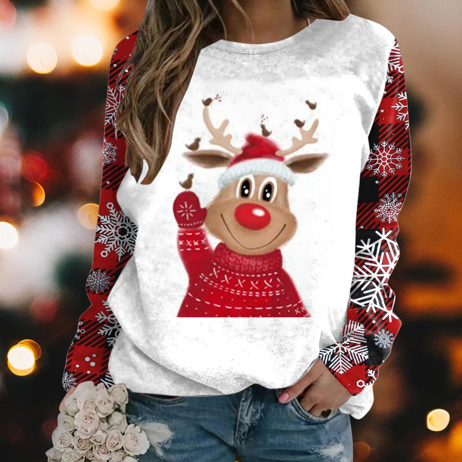 

Женский Повседневный пуловер свободного покроя, легкий флисовый топ с рождественским принтом в виде оленя, снежинки, осень и зима, флисовая ...