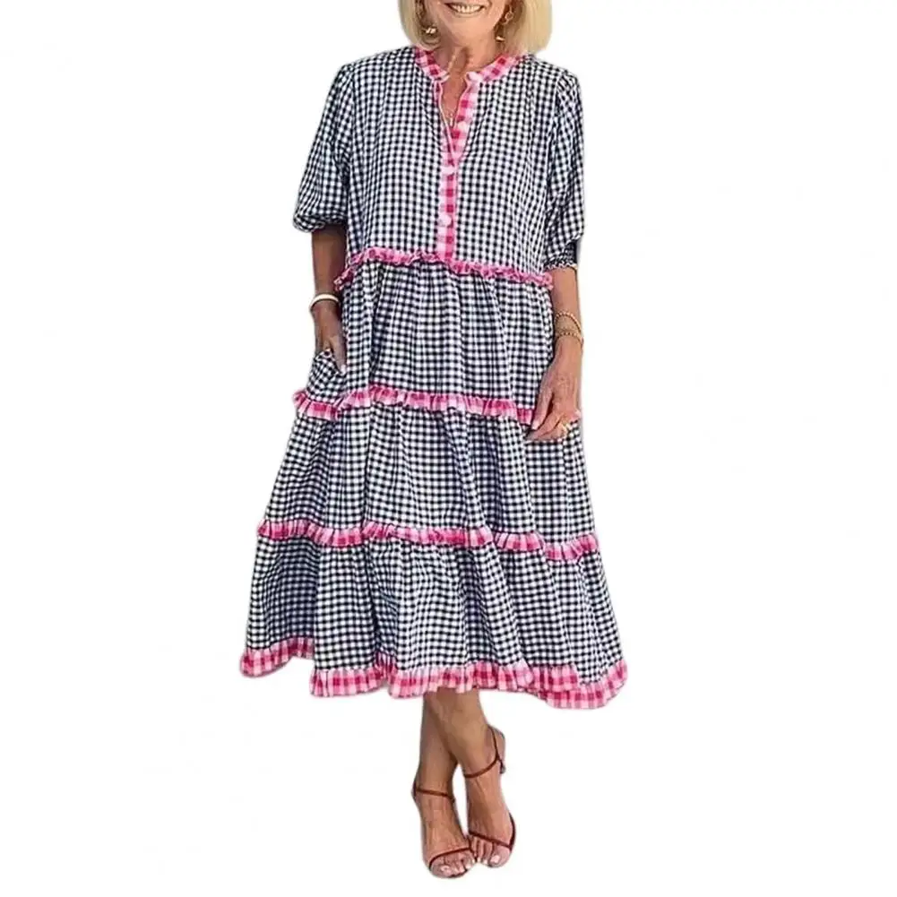 

Beautiful Casual Dress A-Line Anti-shrink Ruffle Stitching Hem Cake Midi Dress Colorfast Pullover Dress Streetwear