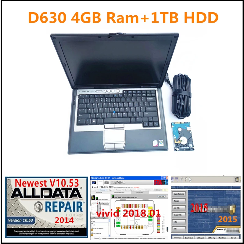 Используйте ноутбук Dell D630 4 Гб Ram + программное обеспечение для ремонта автомобилей Alldata 10,53, Mitch .. ell,Vivid 2018