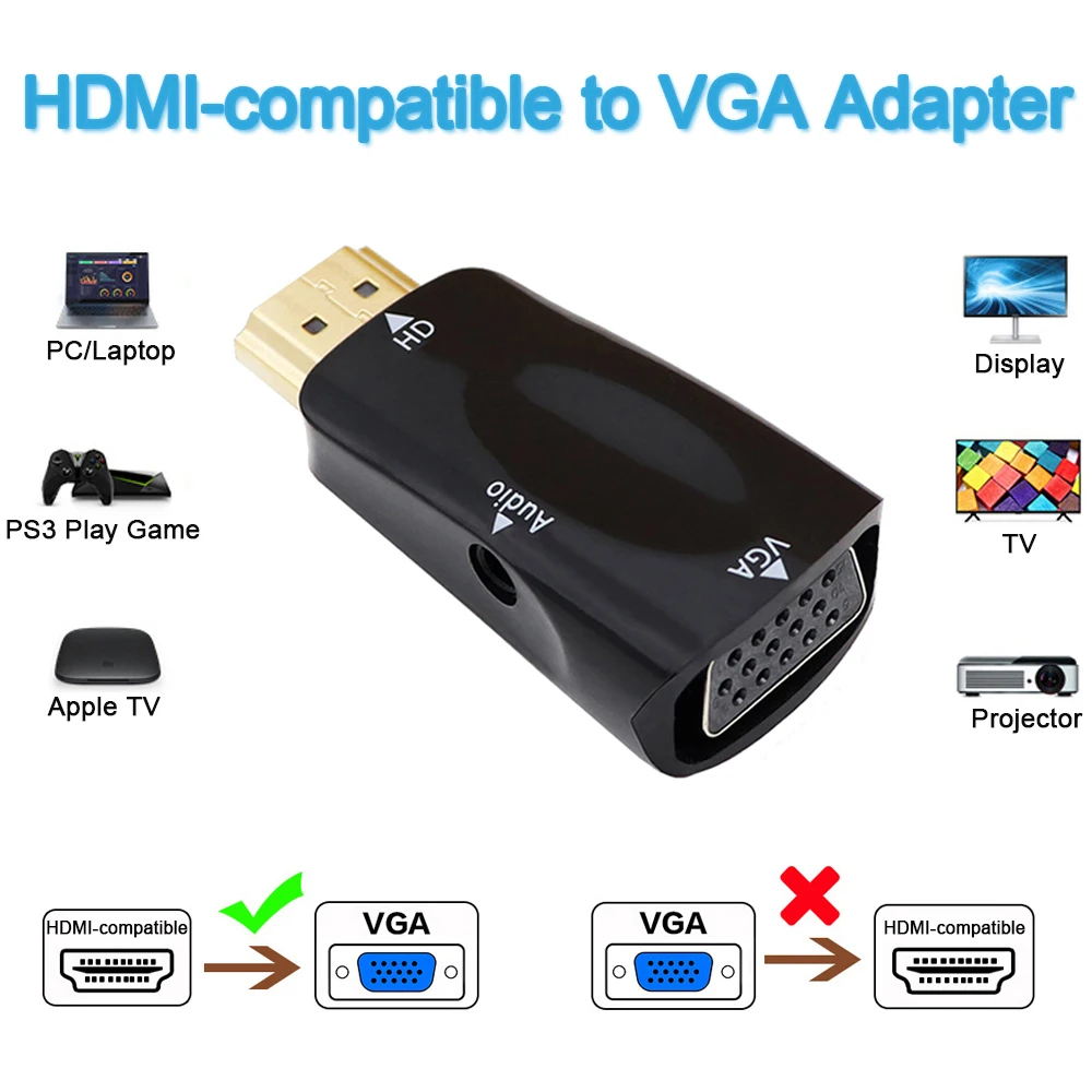 

Видеоадаптер HDMI (штекер)/VGA (разъем), HD 1080P, с аудиокабелем, для ПК, ноутбуков, медиаплееров, компьютеров, дисплеев, проекторов