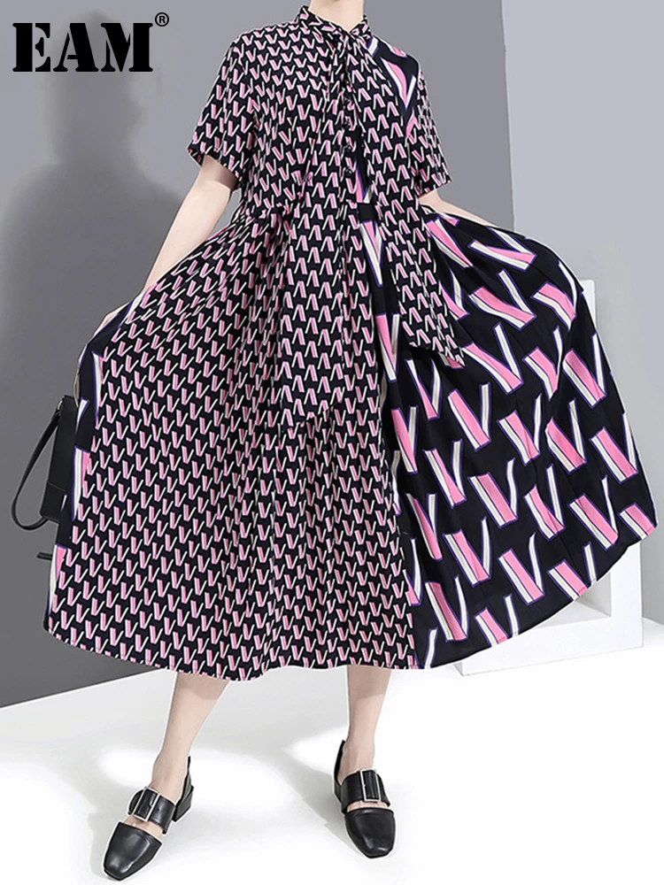 

[EAM] Women Pattern Printed Temperament Dress New Stand Collar Short Sleeve Loose Fit Fashion Tide Spring Summer 2022 1S536