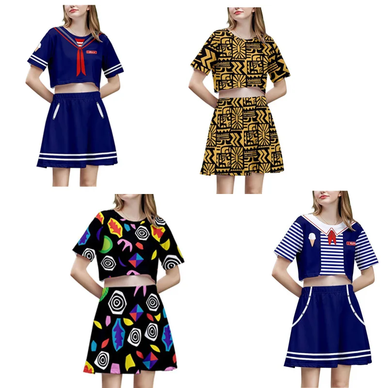 

Stranger Cos Things Cosplay Costume T-shirt Skirt Set Outfits Halloween Carnival Suit