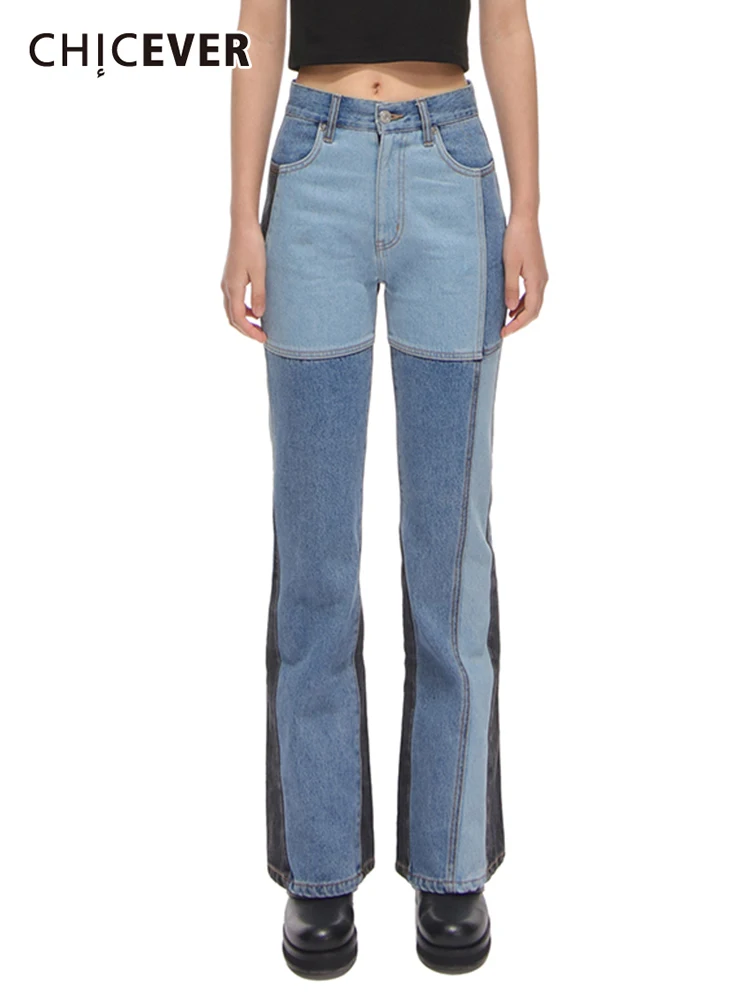 

CHICEVER Casual Colorblock Denim Pants For Women High Waist Patchwork Pockets Loose Long Straight Jeans Female 2022 Spring Style