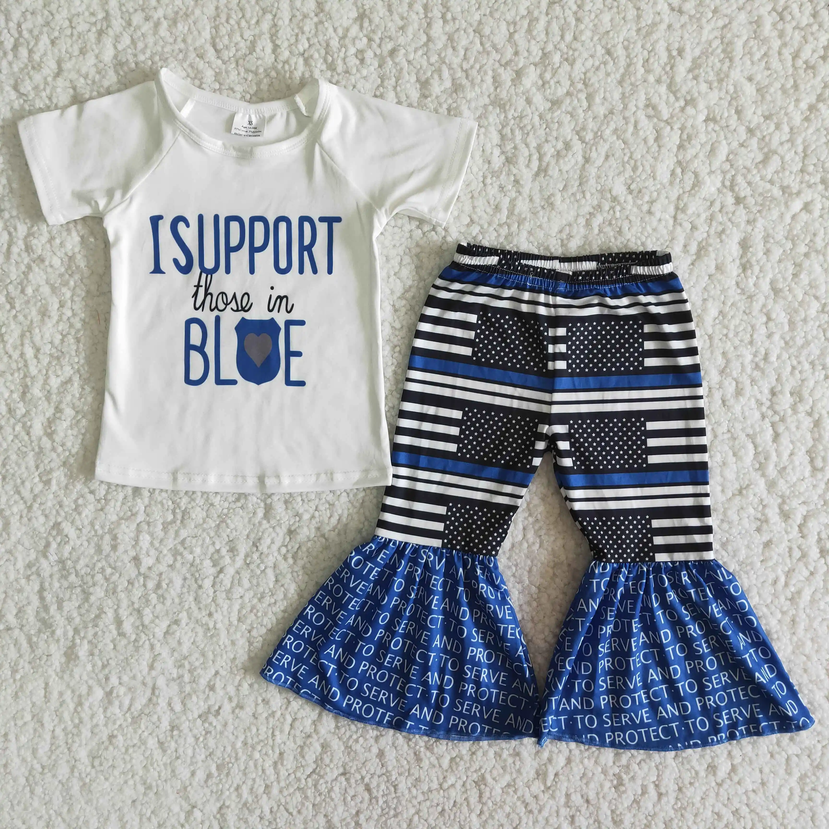 

Boutique children clothing cotton simple love shirts striped letter flare pants nevy blue summer toddler girl clothes sets