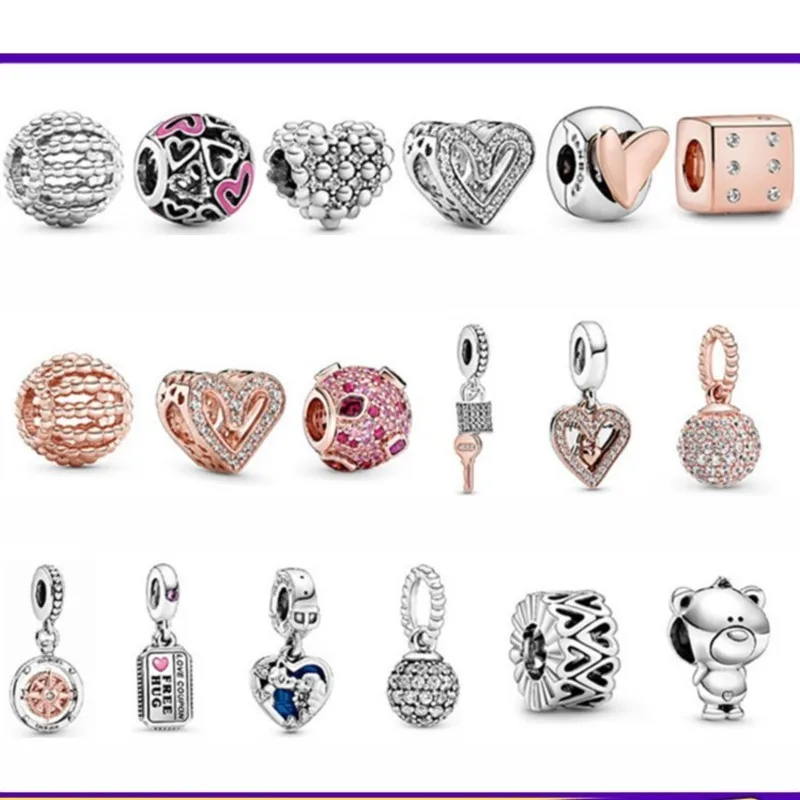 

925 Sterling Silver Valentine's Day New Rose Gold Hand Painted Heart Pave DIY beads Charm Suitable For Original Pandora Bracelet
