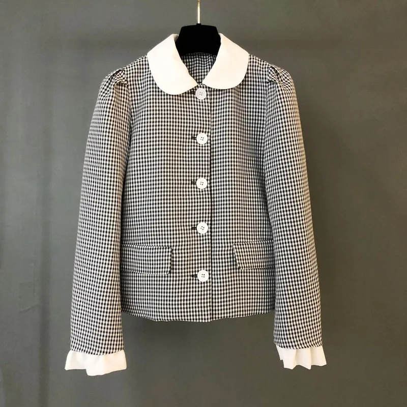 

Women Lace Peter Pan Collar Plaid Short Blazers Slim Single Button Lolita Style Chic Suit 2021 New Fashion Spring Autumn Blazer