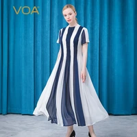 voa silk o neck short sleeve dress ae790 organ pleated stripe stitching double layer big pendulum elegant maxi dresses for women