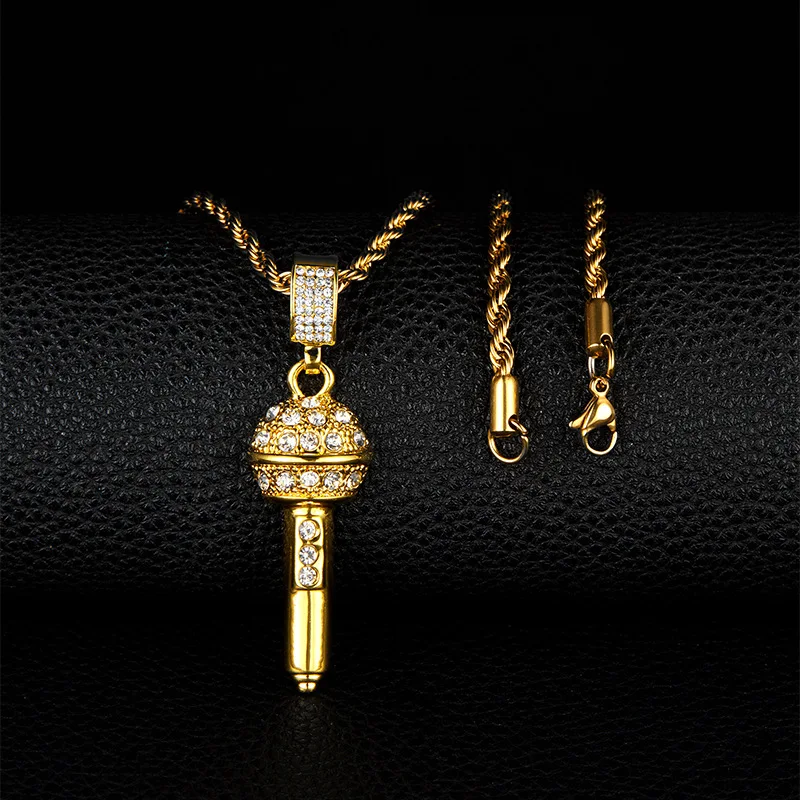 

Uodesign Mens Ice Out Chain Necklace Microphone Pendant Men/Women Gold Color Rhinestone Best Friend Hip Hop Jewelry