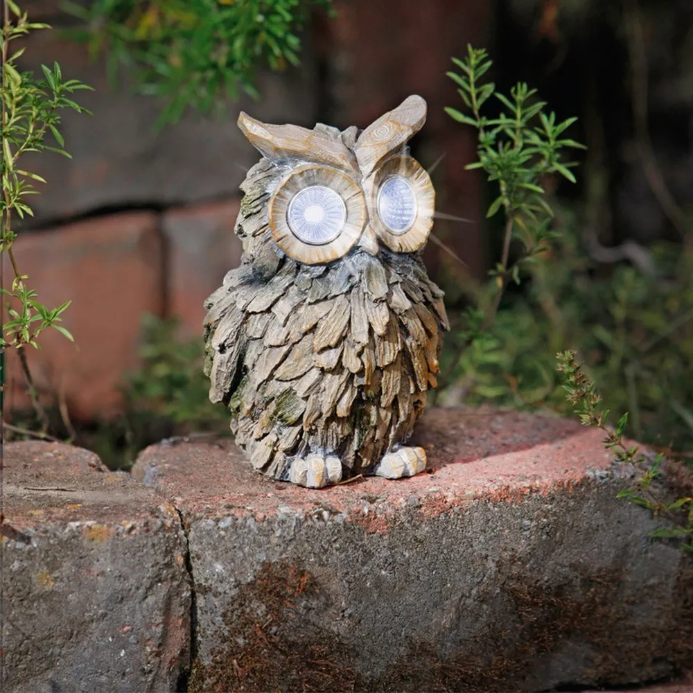 LED Solar Powered Light Owl Shape Resin Figurine Lawn Lamp Outdoor Garden Sculpture Fences Yard Night Light