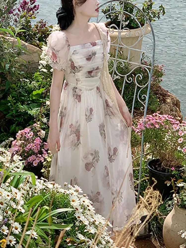 

TPJB New Summer Party Fairy Dress Women Floral Midi Dress Office Lady Short Sleeve Elegant One Piece Dress Korean Fashion Chic