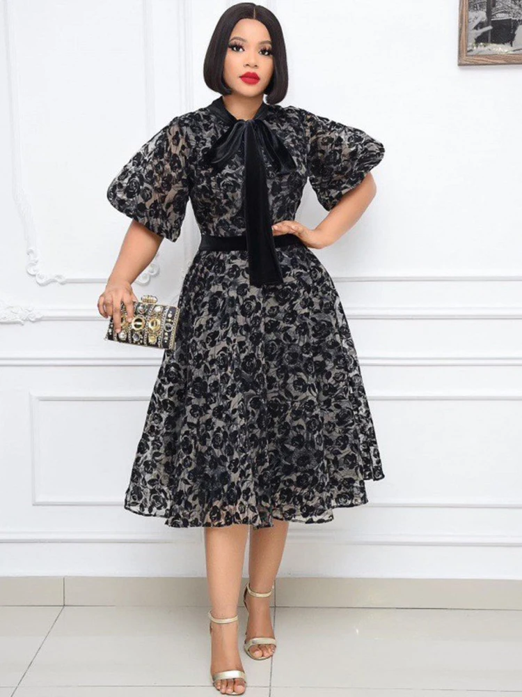 

Black A Line Dresses for Women Lace Up Puff Short Seleve High Waist Midi Elegant Ladies Office Evening Cocktail Party Outfits