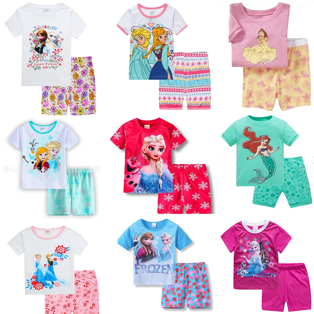 Disney Frozen Summer Children Pajamas Set Short Sleeve T Shirt Shorts Pyjamas Kids Girls Pijamas Cartoon  Baby Sleepwear Pijama