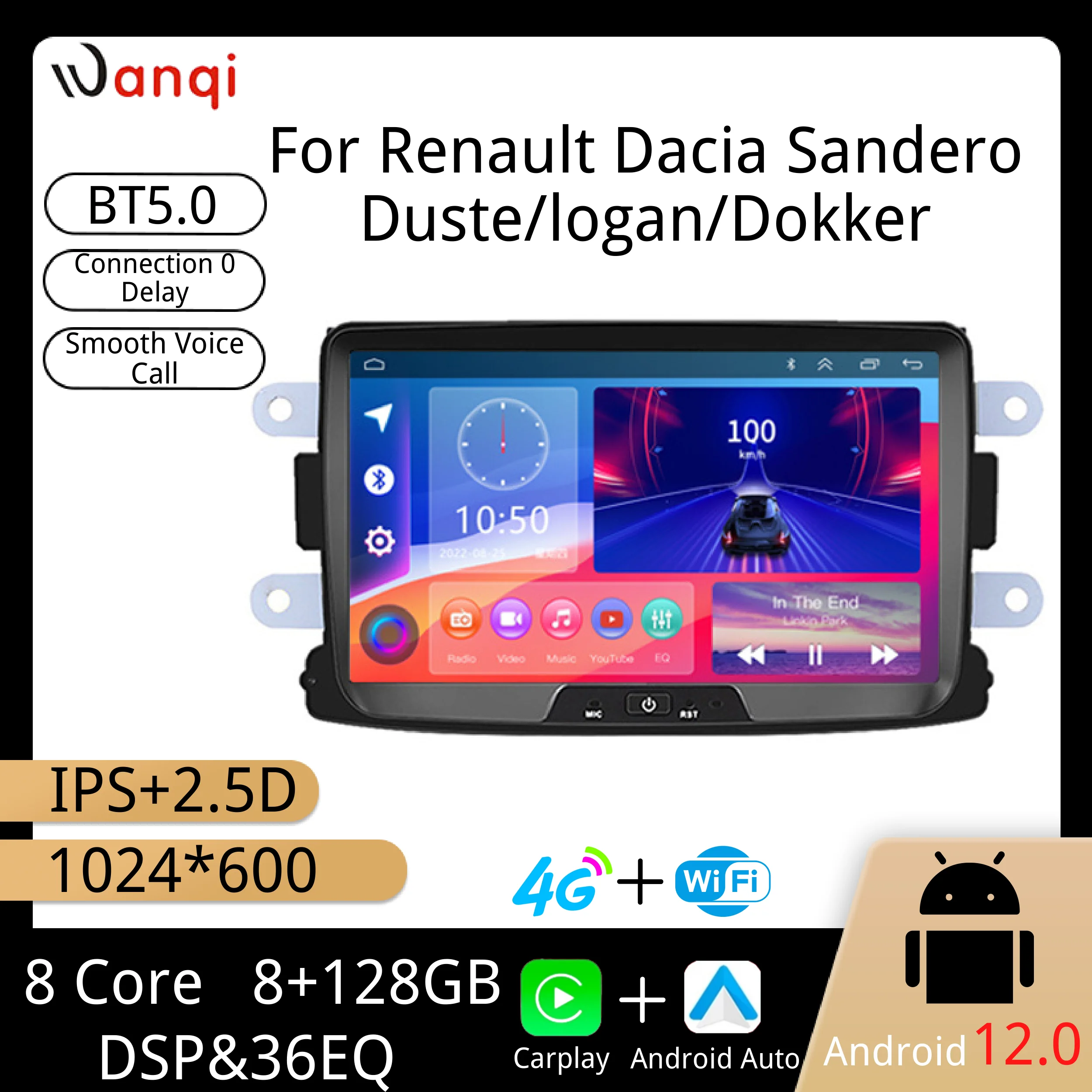 Wanqi Android 12,0 4G + WIFI 8 ядер 8 + 128 Гб Carplay + Android Авто GPS для Renault Dacia Sandero Duste/Logan/Dokker автомобильное радио медиа