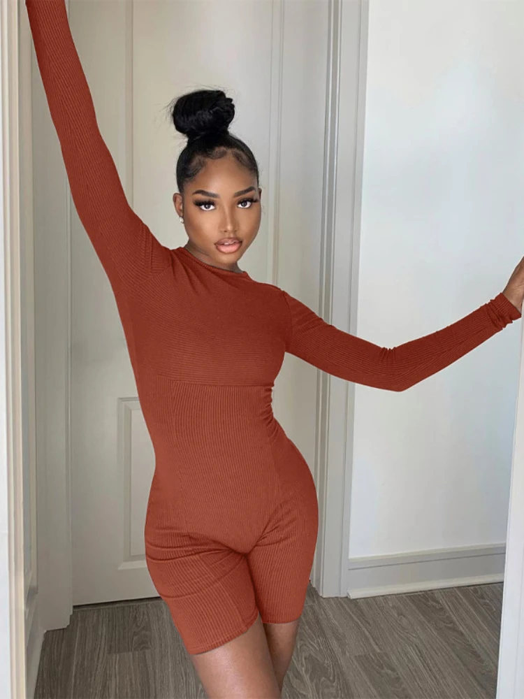 Winter Womens Solid Knitted Sports Jumpsuit O Neck Bottoming Short Pants Romper Pullover Bodysuit Slim Buttocks Clothing Outfits