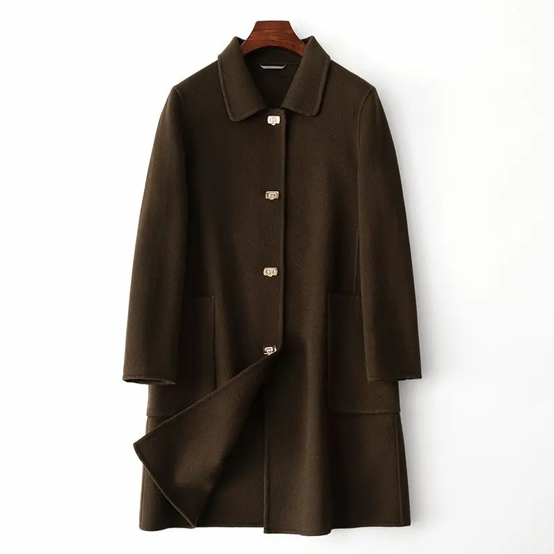 

Новинка 2023, шерстяное пальто, женское осеннее пальто из 100% шерсти, высококачественное фетровое пальто средней длины, двустороннее фетровое пальто