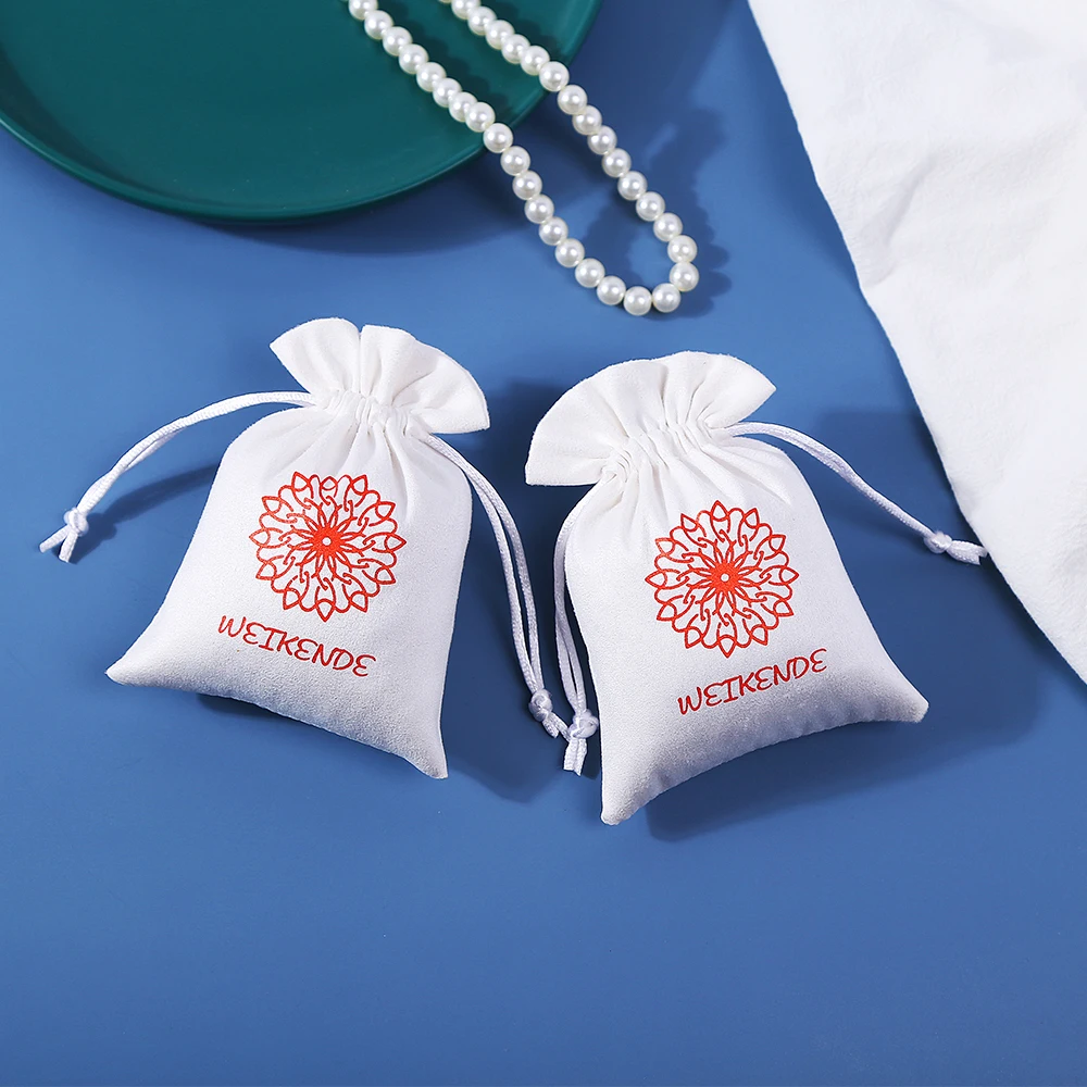 100pcs White Suede Velvet Jewelry Drawstring Bags Custom Jewellery Packaging small Pouch Personalized your Logo Premium Flannel