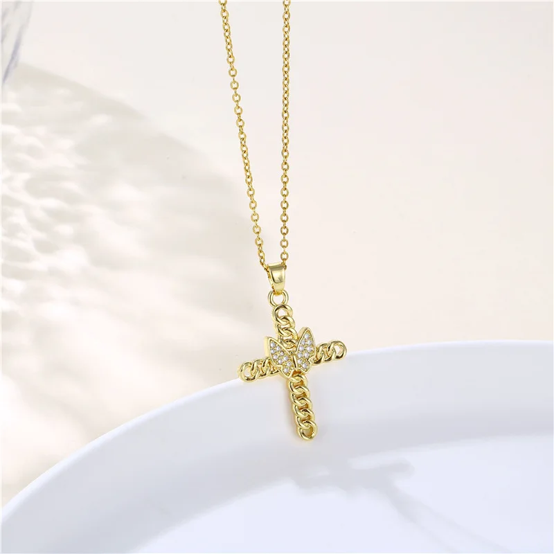

Hip Hop Punk Cross Butterfly Crystal Pendant Necklaces for Women Men Stainless Steel Chains Charm Choker Jewelry Accessories