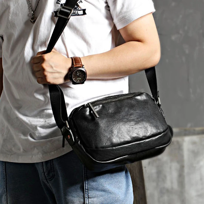 EUMOAN  Men's Leather Bag Horizontal Square Black Vegetable Tanned Leather Men's Crossbody Bag Casual Men's Bag