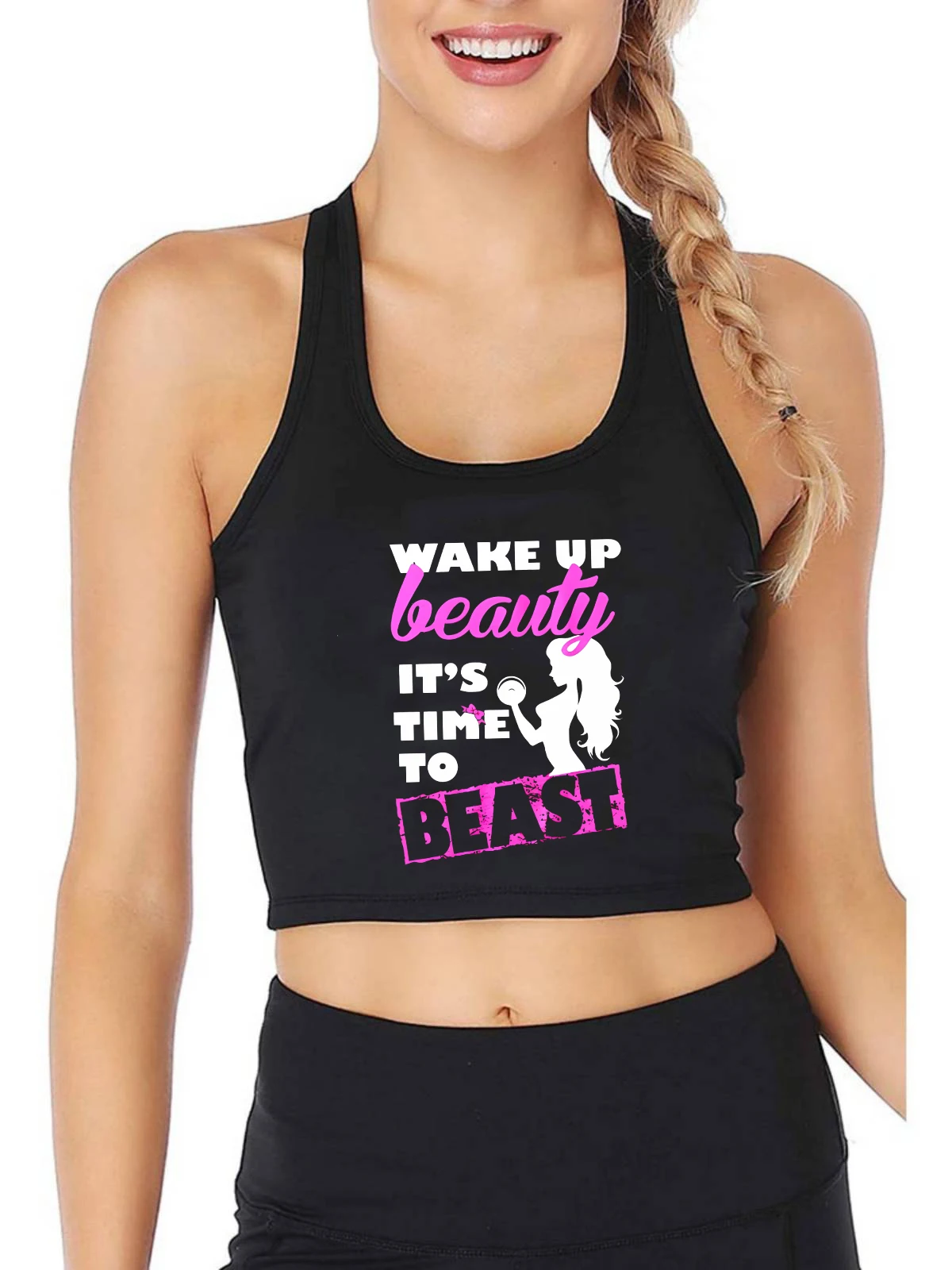 

Сексуальный укороченный топ для тренажерного зала с надписью «Wake up beauty to time to beast», женские спортивные майки для фитнеса и тренировок, хлопковая дышащая кофта