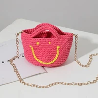 Cute smiley hand knitted bag women cloth line crochet diy material bag homemade bucket bag lady travel casual bag female totes