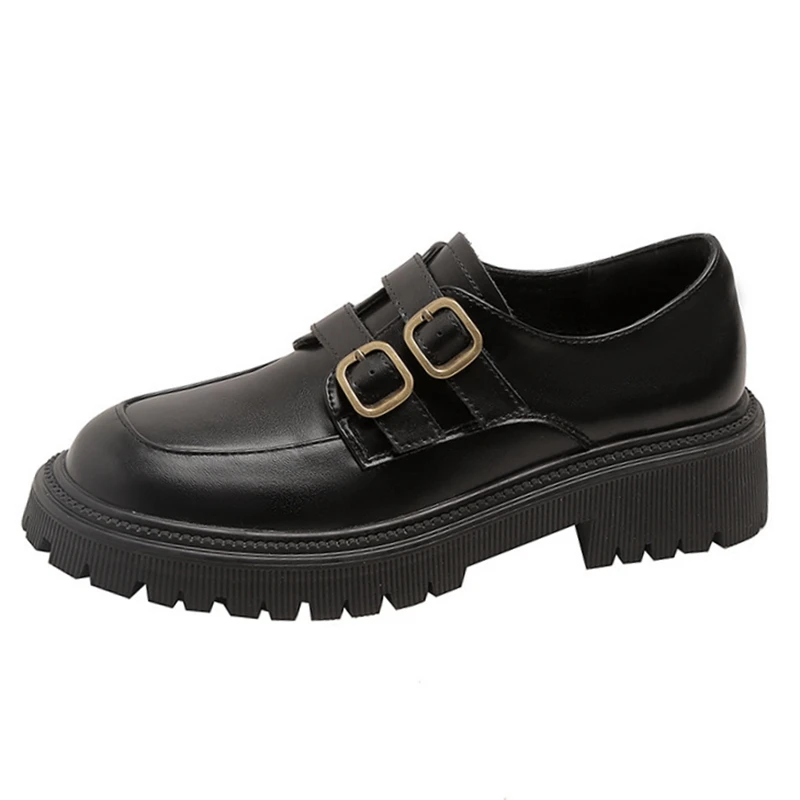 

2022 new spring retro small gold buckle leather single shoes thick bottom loafers ladies British style small leather shoes