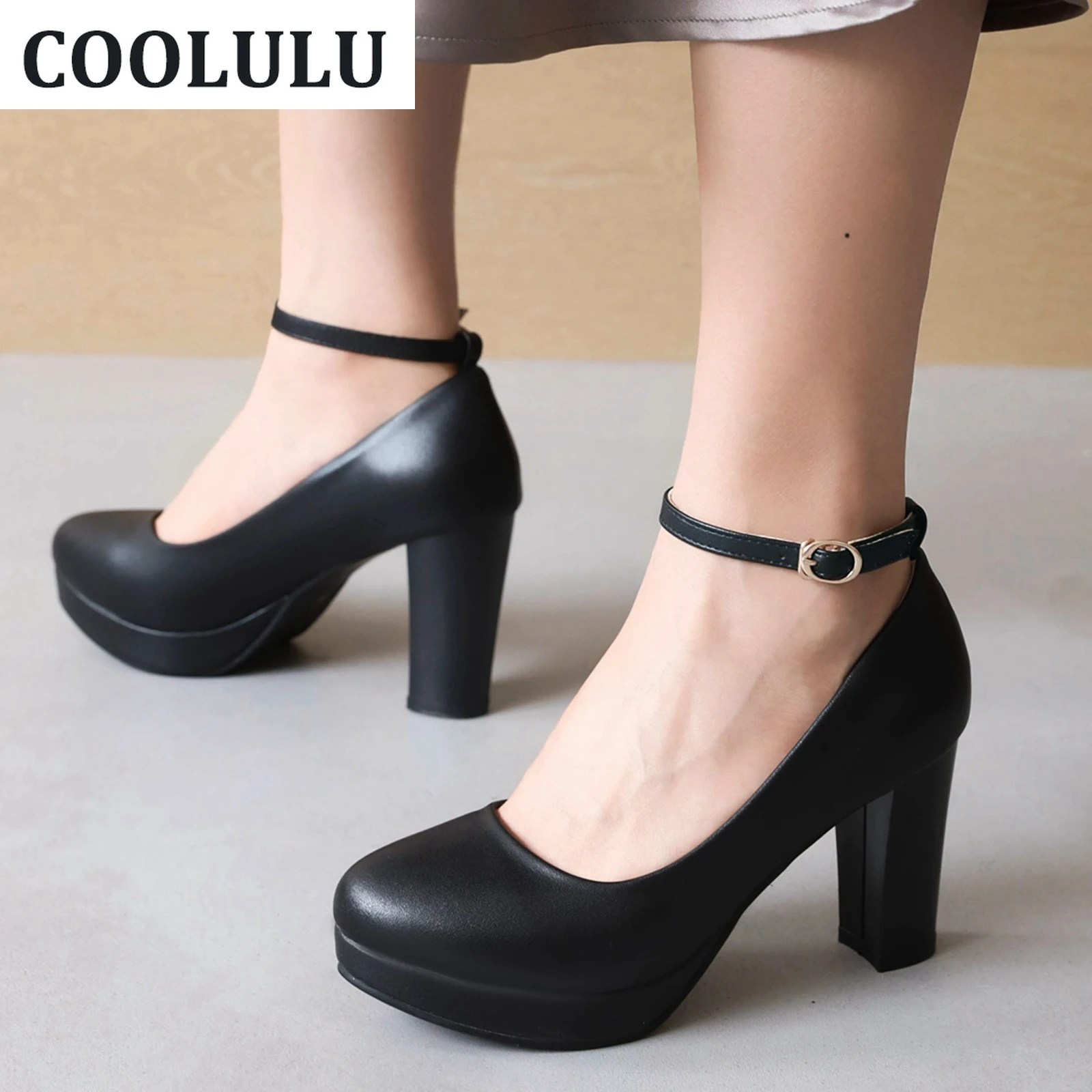

COOLULU Platform Ankle Strap Pumps High Heels Wedding Dress Party Pumps Block Heel Office Lady Shoes White Pumps for Women