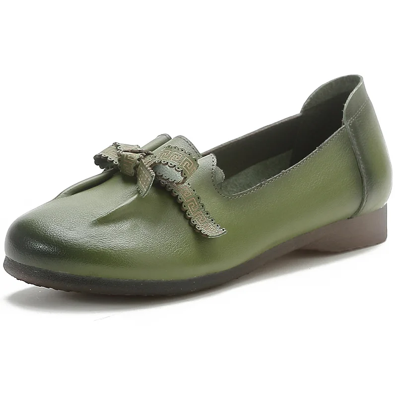 Luxury Green Ballet Flats Comfortable Elegant Women's Shoes Genuine Leather Loafers Ladies Bowknot Woman Soft Blue Moccasins
