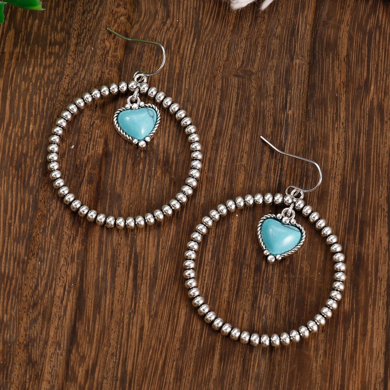 

Этнические большие круглые серьги-крючки, богемные Винтажные серьги серебряного цвета с инкрустацией сердцем и синими узорами для резьбы по камню, висячие серьги