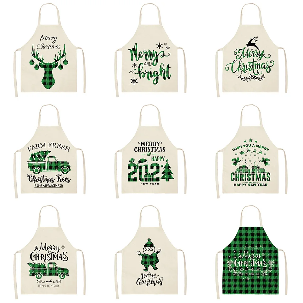 

Cotton Linen Sleeveless Chef Cooking Aprons Kitchen Accessories 68X55CM Christmas Green Forest Elk Kitchen Woman Apron