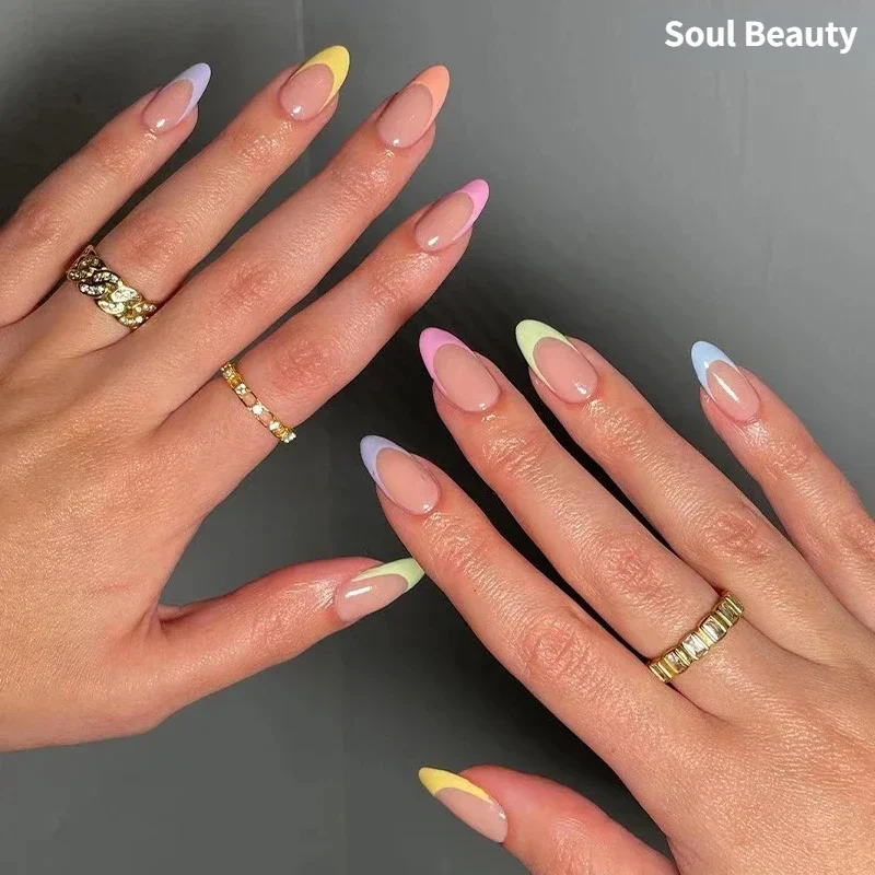 

24pcs Almond Nude Fake Nails Rainbow Design False Nails Art Full Cover Waterproof Removable Artificial Press on Nail with Tools