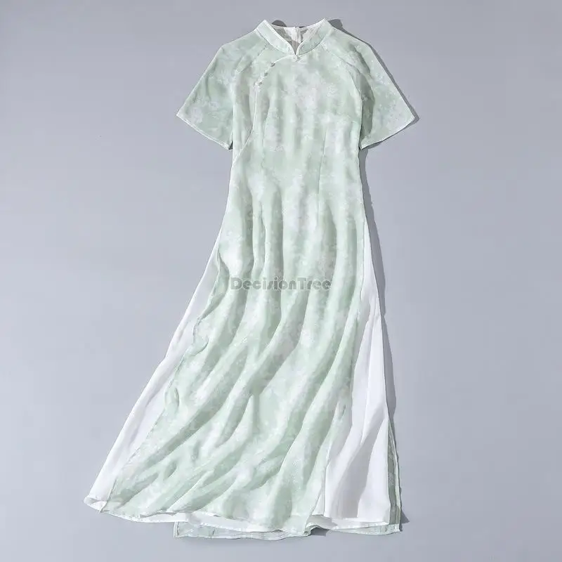 

2022 summer new chinese style improved cheongsam aodai dress stand collar printed short sleeve chiffon tea dress skirt g376