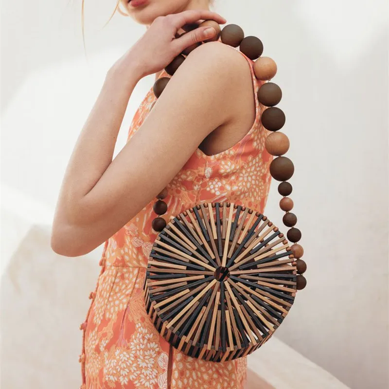 

Круглая сумка Ins Super Fire смешанных цветов, летняя пляжная сумочка, поддельная сумка на плечо, Бамбуковая Плетеная соломенная портативная женская сумка