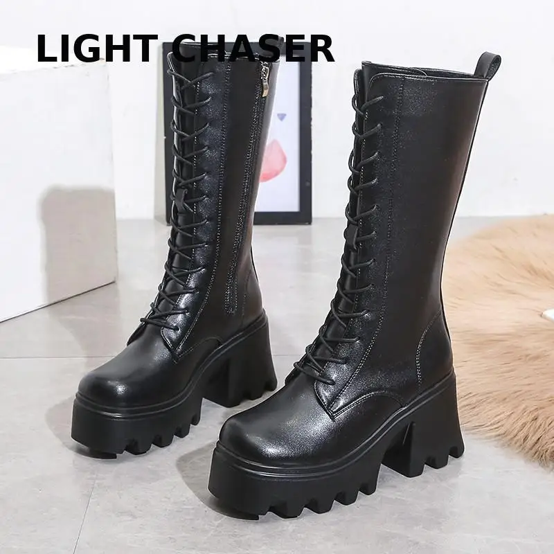 Купи Women High Wedges Heel Punk Goth Zipper Mid Calf Boots Lace-up Chunky Shoes Autumn Winter Casual Boots Gothic Style High Heels за 1,133 рублей в магазине AliExpress