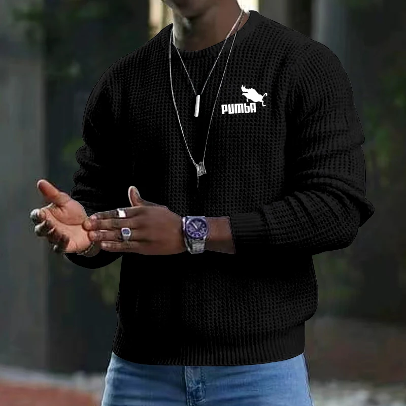 Solid Color Waffle All-match Long-sleeved Casual Sweater Men's spring Autumn Winter Round Neck Bottoming shirt hot sale tops