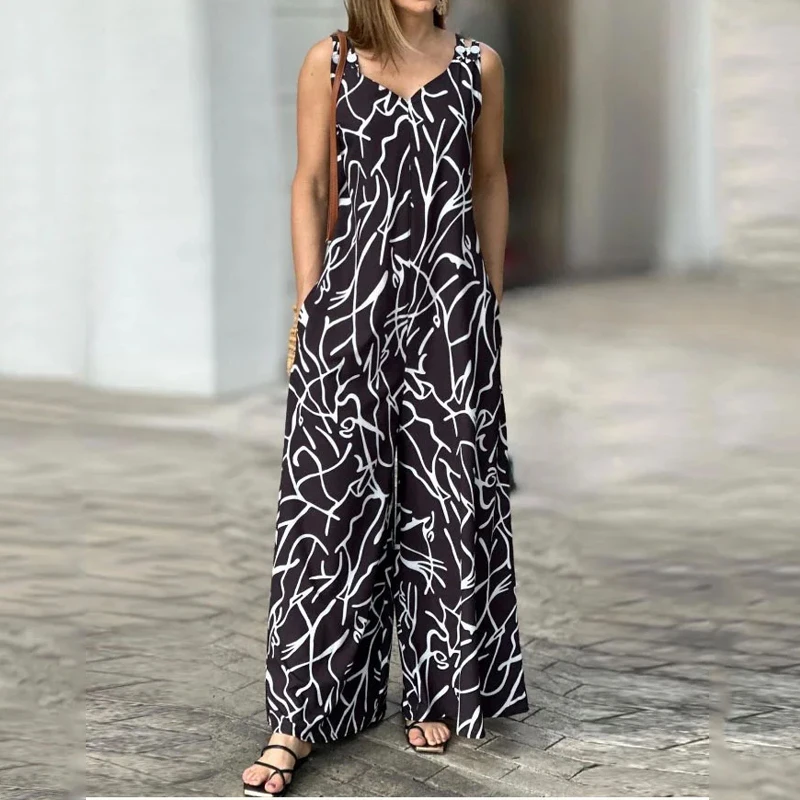 RDMQ 2023 Women Jumpsuit Summer Fashion Round Neck Sling Sleeveless Printing Casual Loose With Pockets Wide Legs Pants Romper