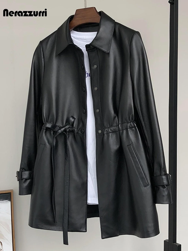Nerazzurri Spring Soft Faux Leather Jackets Women Long Sleeve Drawstring Fall 2022 Women's Clothing Black Casual Pu Leather Coat