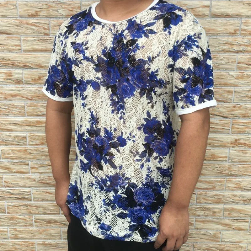 

Summer Men's Ice Silk Fabric Clothes 2023 New Round Neck Floral Printing Tops Korean Slim Lace Men's T-shirt