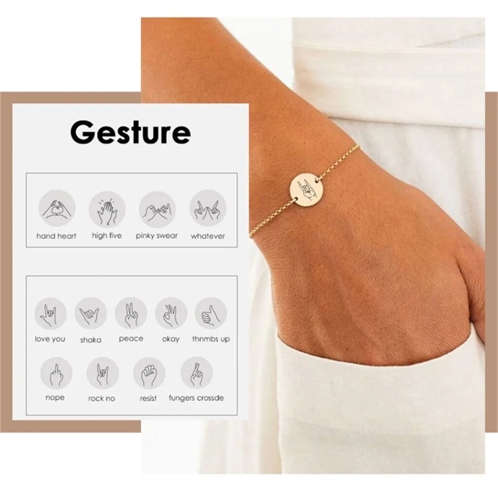 Custom Personality Women's Bracelet Gesture Minimalism Custom Stainless Steel Bracelet Lllustration Carved Icon Peace Pinky