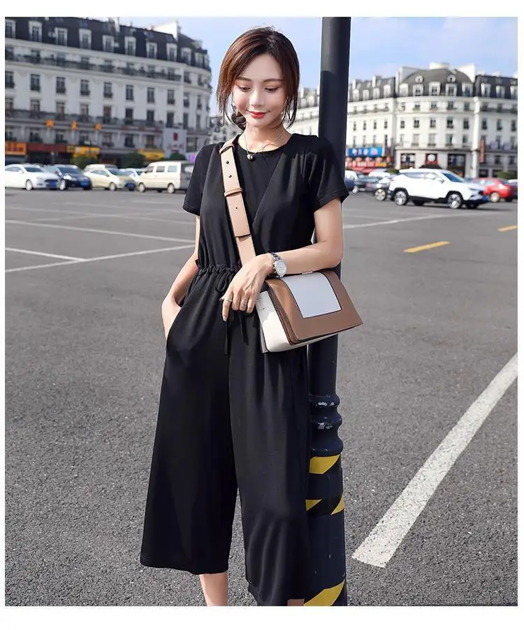 One Piece Jumsuits for Women Summer New Stylish Overalls Korean Black Wide Leg Calf Legnth Pants Jump Suits Slim Fashion Outfits