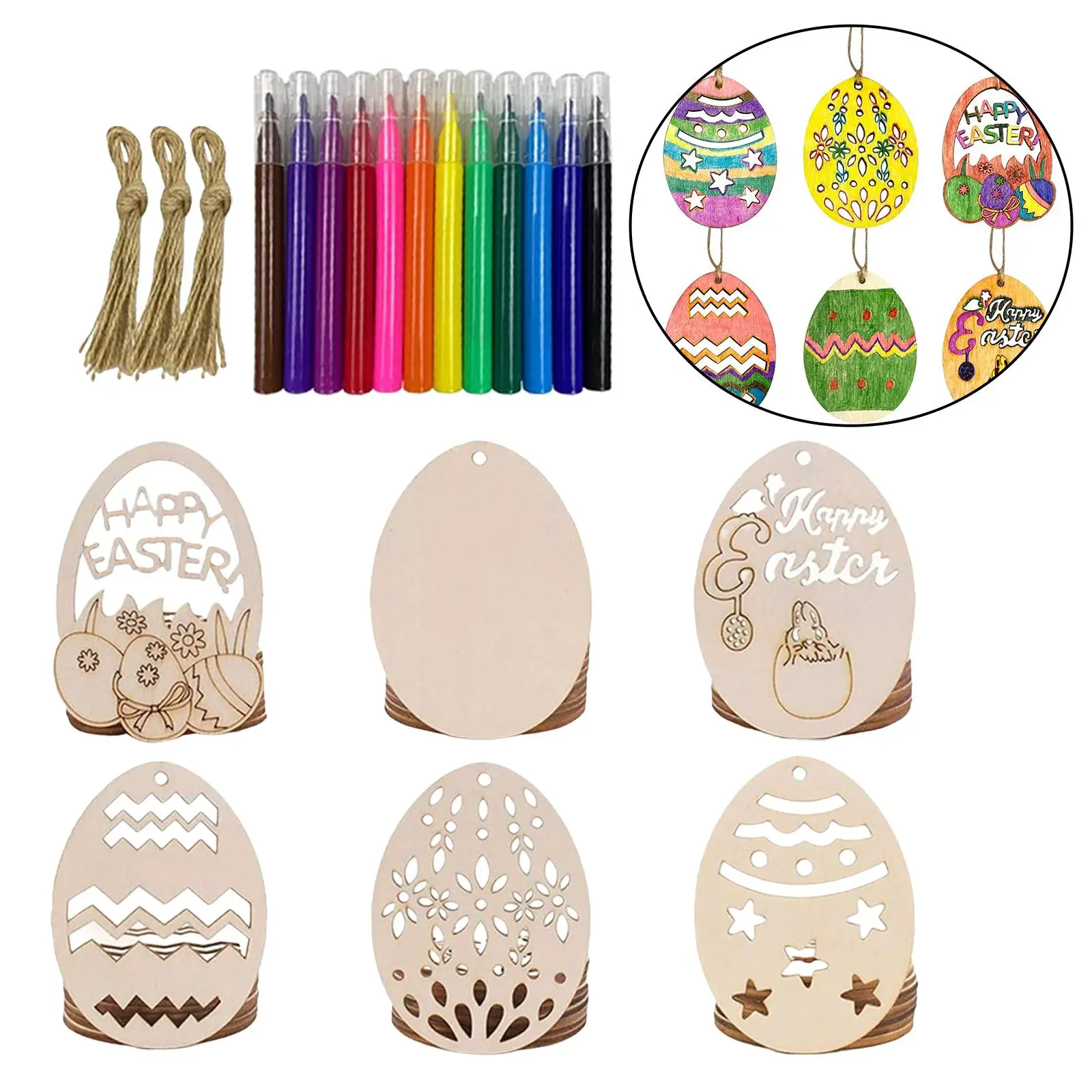 

30Pcs Wooden Easter Egg Cutouts with Ropes Wood Discs Slices Egg Shaped Blank Hanging Pendant for DIY Crafts Party Decor