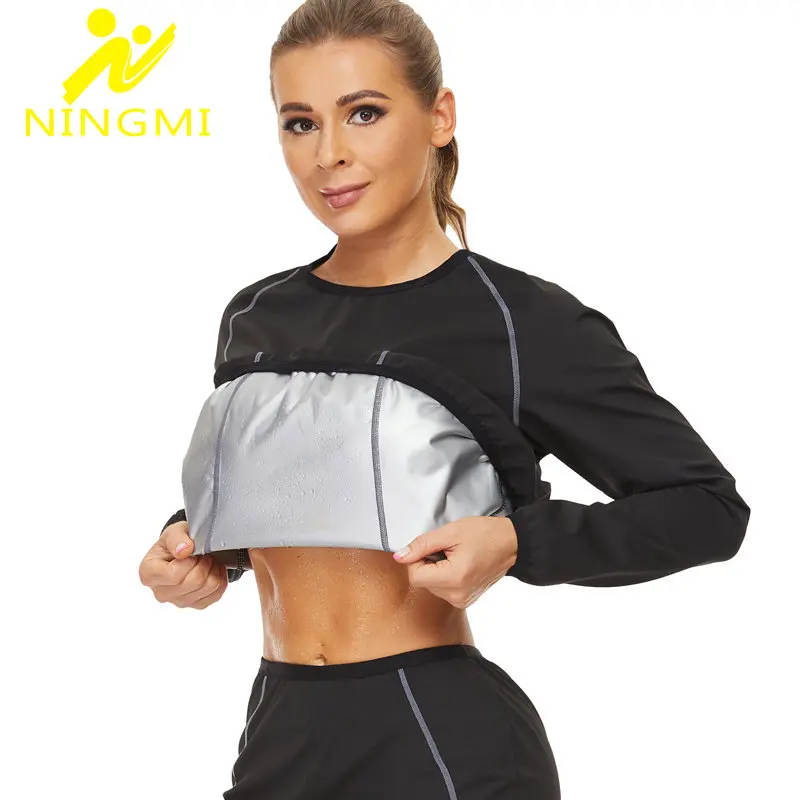 

NINGMI Women Sweat Top Long Sleeve Weight Loss Suit Sauna Jacket for Slimming Body Shaper Shirt for Fat Burner Workout Sport