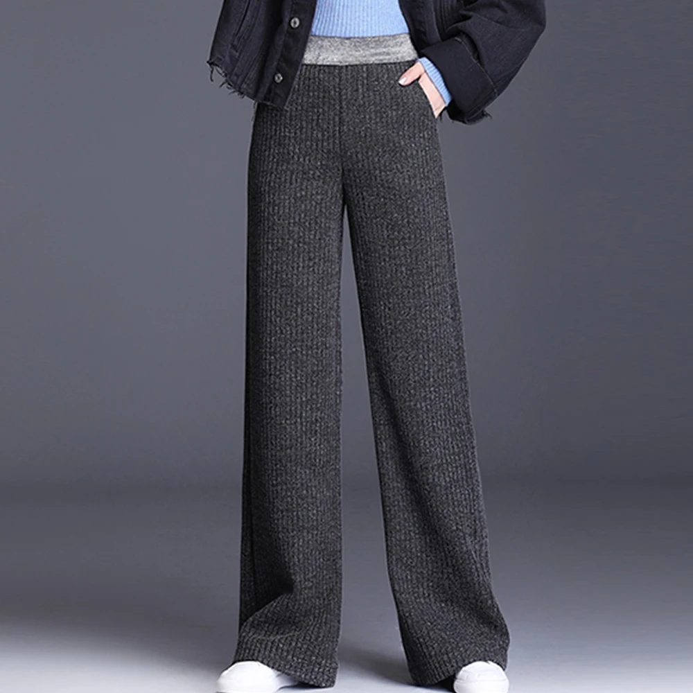 Knitted Wide Leg Pants For Women Spring Autumn Straight High Waist Loose Casual Plus Size Long Trousers
