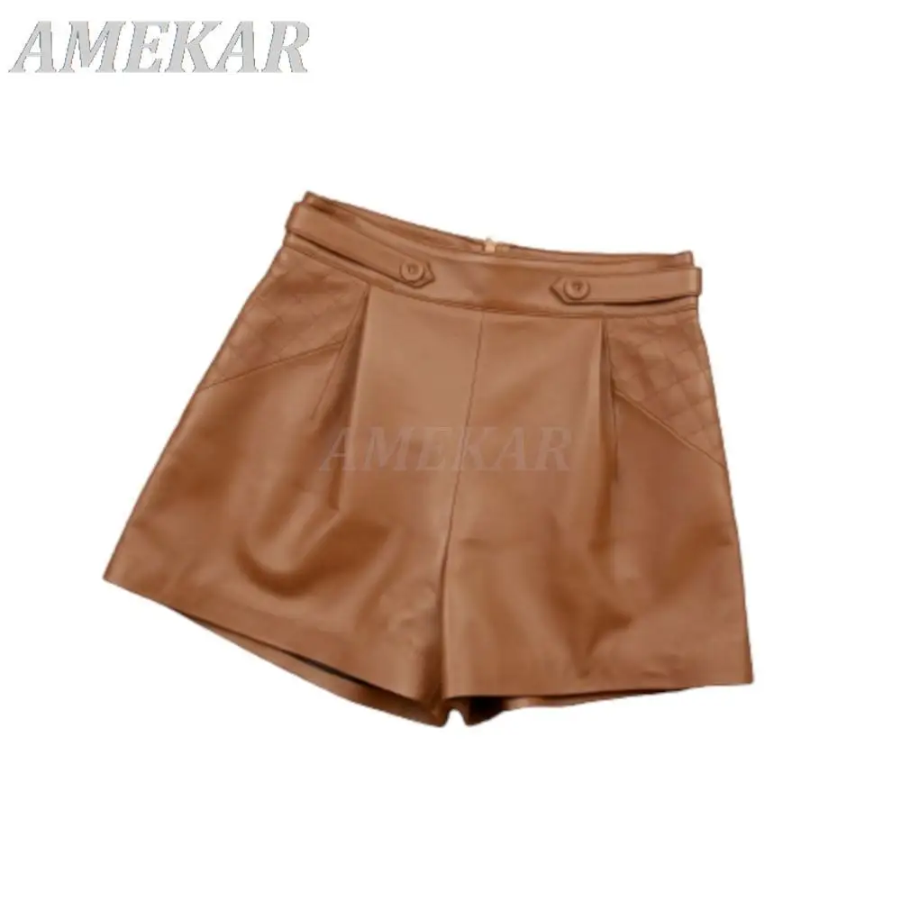 New Designer Genuine Leather Wide Leg Shorts For Women Blue Personality Side Plaid Embroidery Short Pant Lady Pantalones Cortos